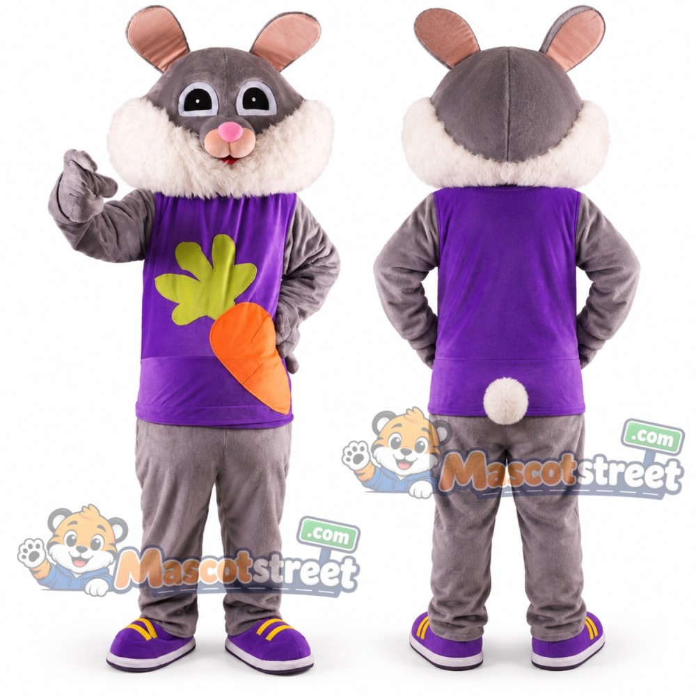 Gray Rabbit Mascot Costume with Purple Carrot Shirt