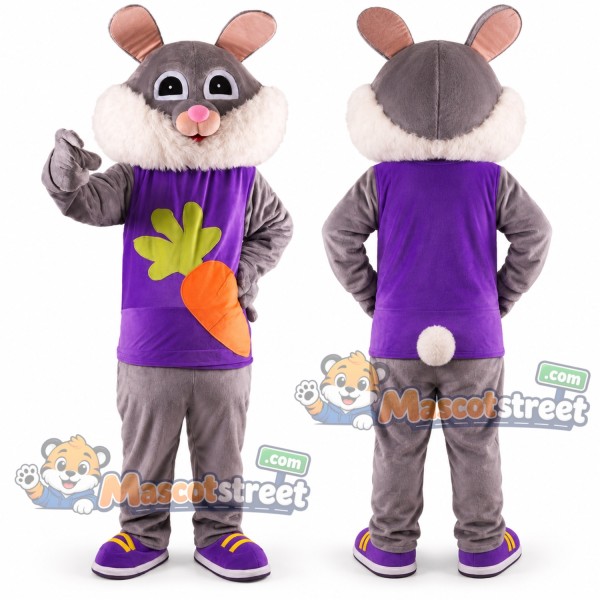 Gray Rabbit Mascot Costume with Purple Carrot Shirt
