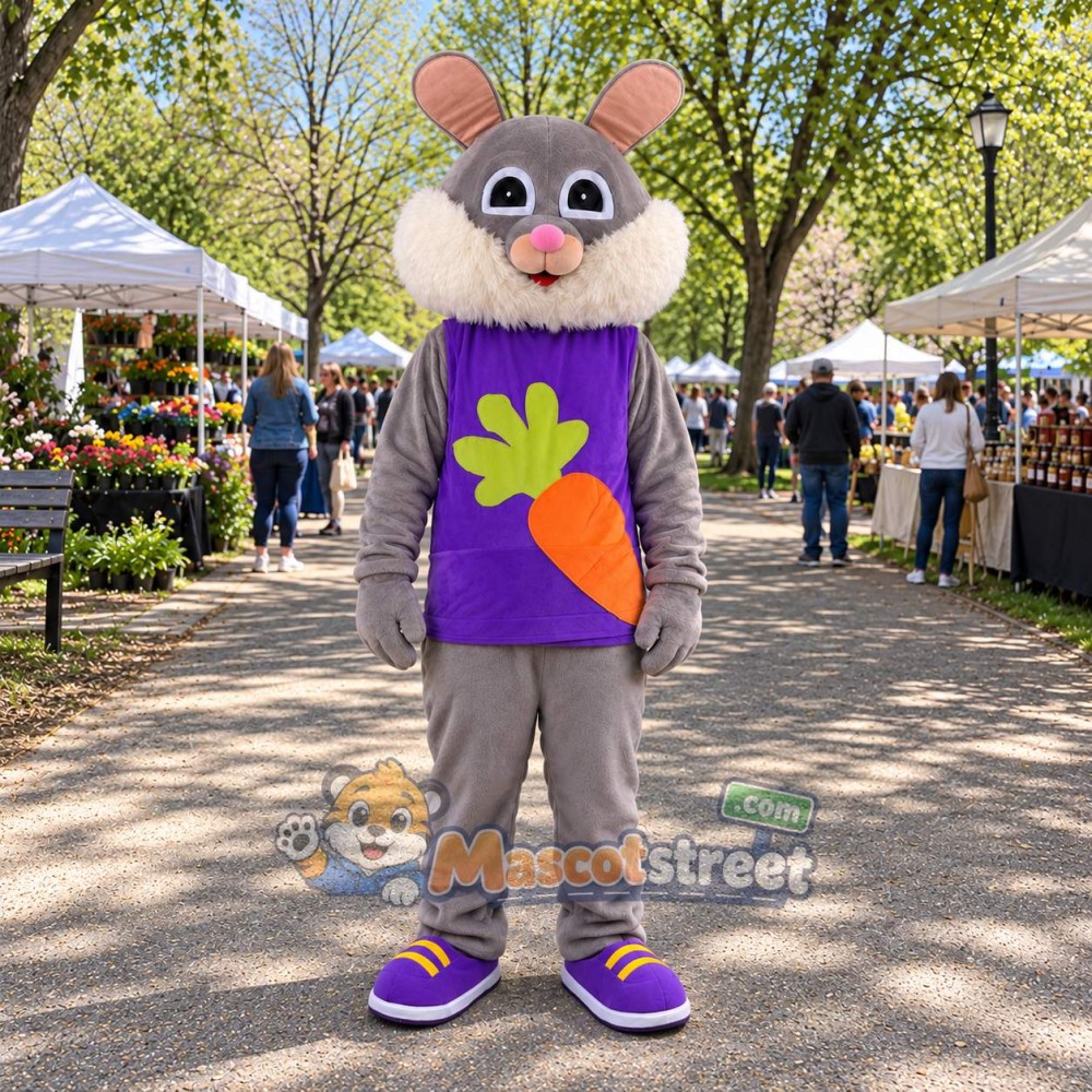 Gray Rabbit Mascot Costume with Purple Carrot Shirt Gray Rabbit Mascot Costume with Purple Carrot Shirt