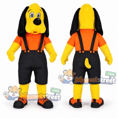 Yellow Dog Mascot Costume with Orange Shirt and Black Overalls Yellow Dog Mascot Costume with Orange Shirt and Black Overalls