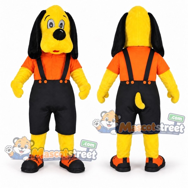 Yellow Dog Mascot Costume with Orange Shirt and Black Overalls