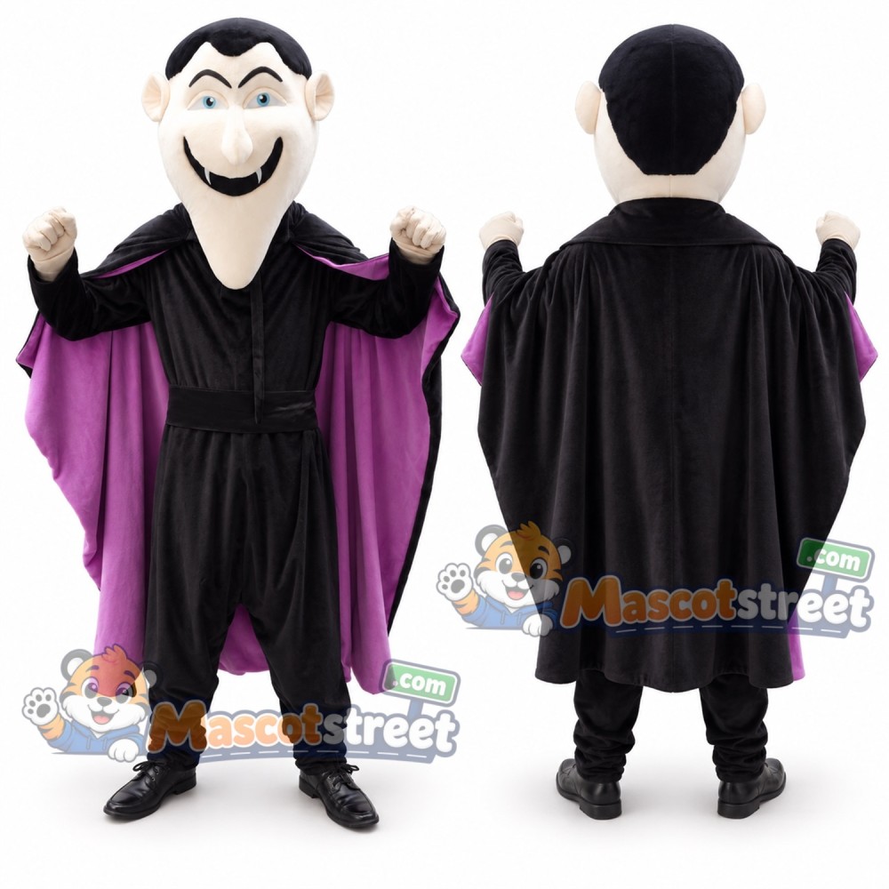 Vampire Mascot Costume with Black Suit and Purple Cape