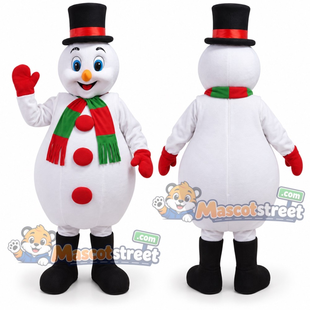Snowman Mascot Costume with Black Top Hat and Red and Green Scarf