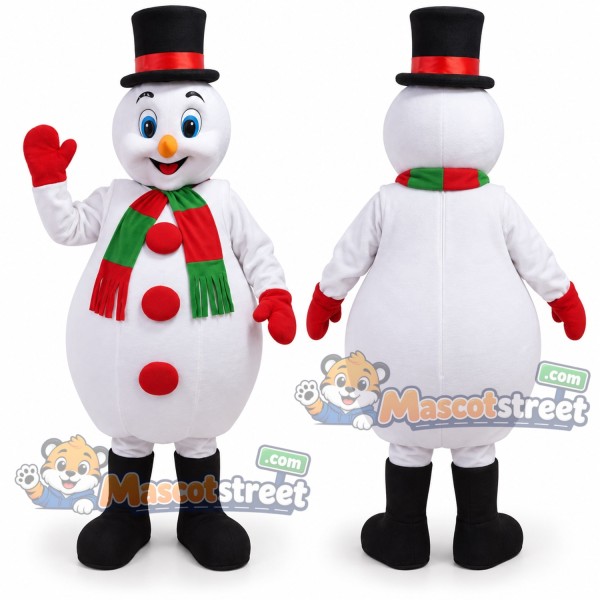Snowman Mascot Costume with Black Top Hat and Red and Green Scarf
