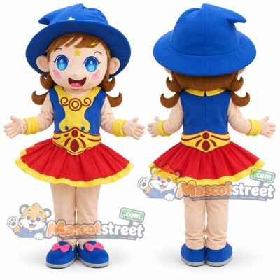 Girl Mascot Costume with Blue Hat and Red and Yellow Dress