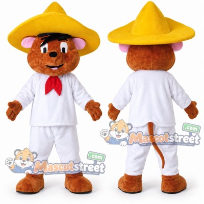 Brown Mouse Mascot Costume with White Suit, Red Scarf and Yellow Sombrero