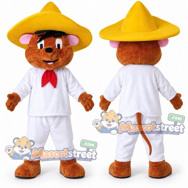 Brown Mouse Mascot Costume with White Suit, Red Scarf and Yellow Sombrero