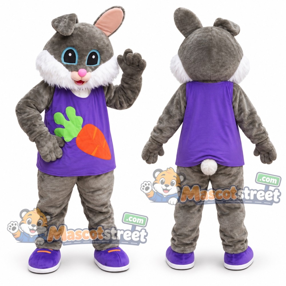 Gray Rabbit Mascot Costume with Purple Carrot Shirt Gray Rabbit Mascot Costume with Purple Carrot Shirt