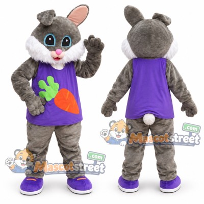 Gray Rabbit Mascot Costume with Purple Carrot Shirt Gray Rabbit Mascot Costume with Purple Carrot Shirt