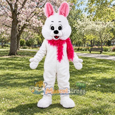 White Rabbit Mascot Costume with Pink Scarf White Rabbit Mascot Costume with Pink Scarf