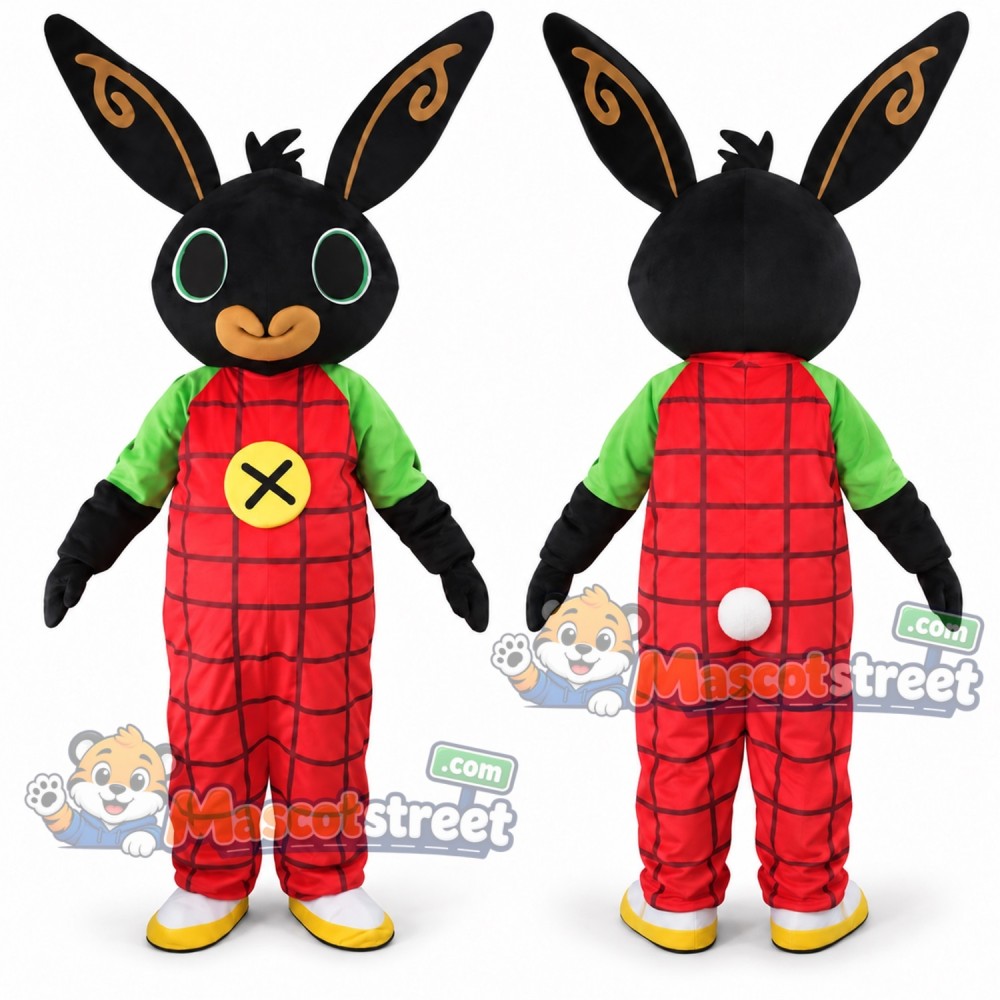 Black Rabbit Mascot Costume with Green Shirt and Red Overalls Black Rabbit Mascot Costume with Green Shirt and Red Overalls