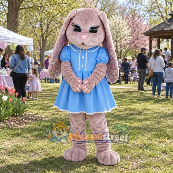Pink Rabbit Mascot Costume with Blue Dress