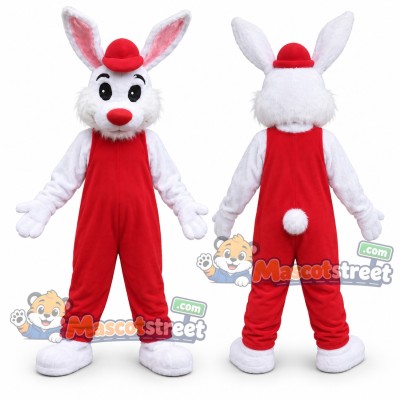 White Rabbit Mascot Costume with Red Overalls and Cap White Rabbit Mascot Costume with Red Overalls and Cap