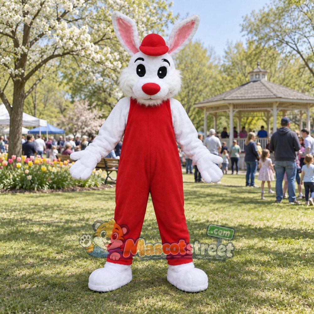 White Rabbit Mascot Costume with Red Overalls and Cap White Rabbit Mascot Costume with Red Overalls and Cap