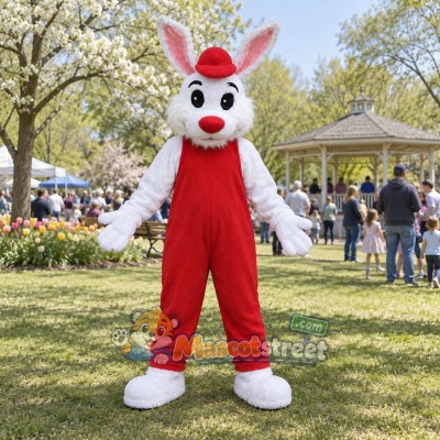 White Rabbit Mascot Costume with Red Overalls and Cap White Rabbit Mascot Costume with Red Overalls and Cap