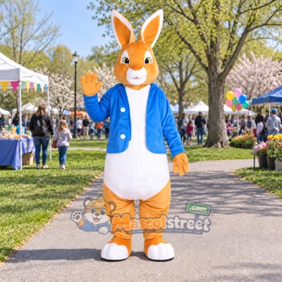 Orange Rabbit Mascot Costume with Blue Jacket and White Shorts