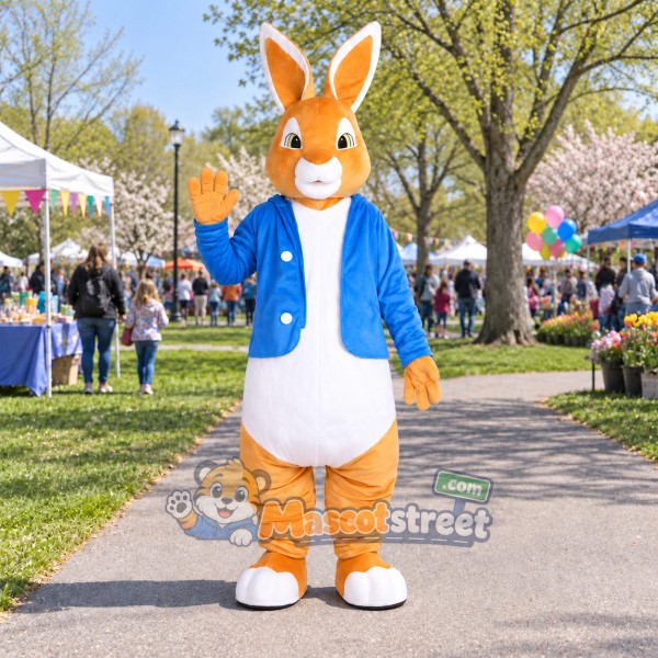 Orange Rabbit Mascot Costume with Blue Jacket and White Shorts