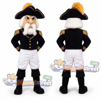 Naval Officer Mascot Costume with Black Coat, White Pants and Tricorn Hat