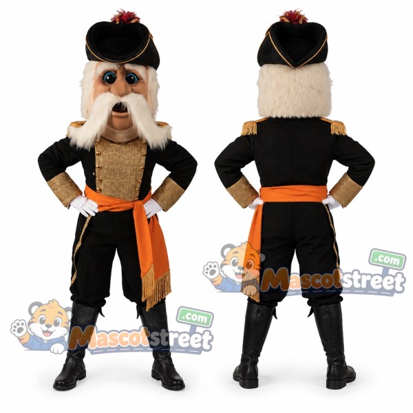 Naval Officer Mascot Costume with Black Coat and Orange Sash