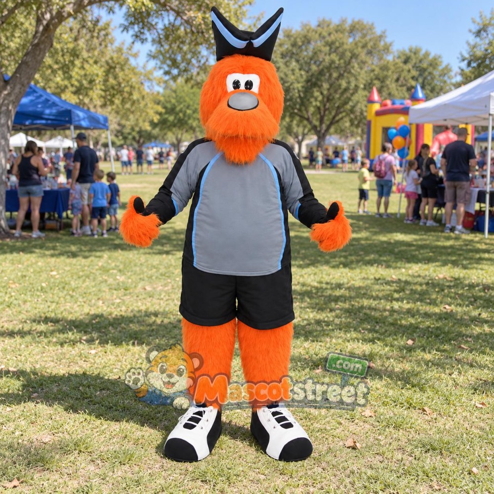 Orange Bird Mascot Costume with Gray Sports Shirt, Black Shorts and Hat