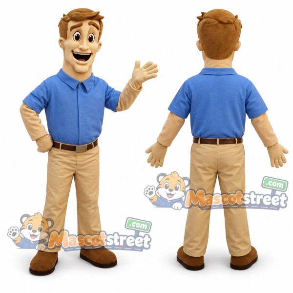 Man Mascot Costume with Blue Polo Shirt and Tan Pants