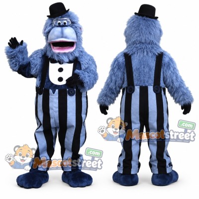 Blue Gorilla Mascot Costume with Striped Overalls and Black Hat Blue Gorilla Mascot Costume with Striped Overalls and Black Hat