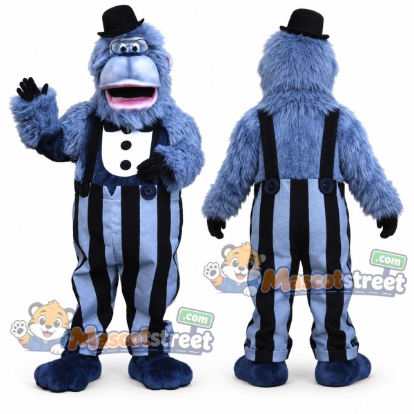 Blue Gorilla Mascot Costume with Striped Overalls and Black Hat