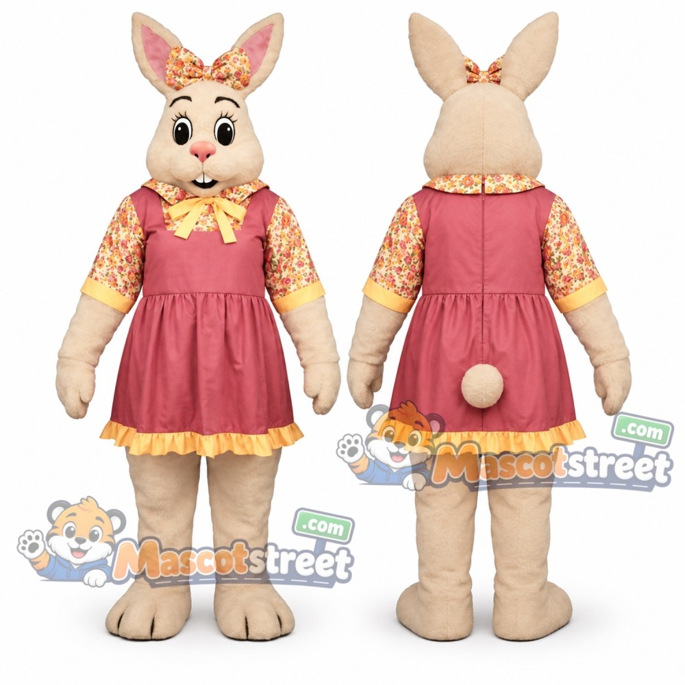 Tan Rabbit Mascot Costume with Pink Dress Tan Rabbit Mascot Costume with Pink Dress
