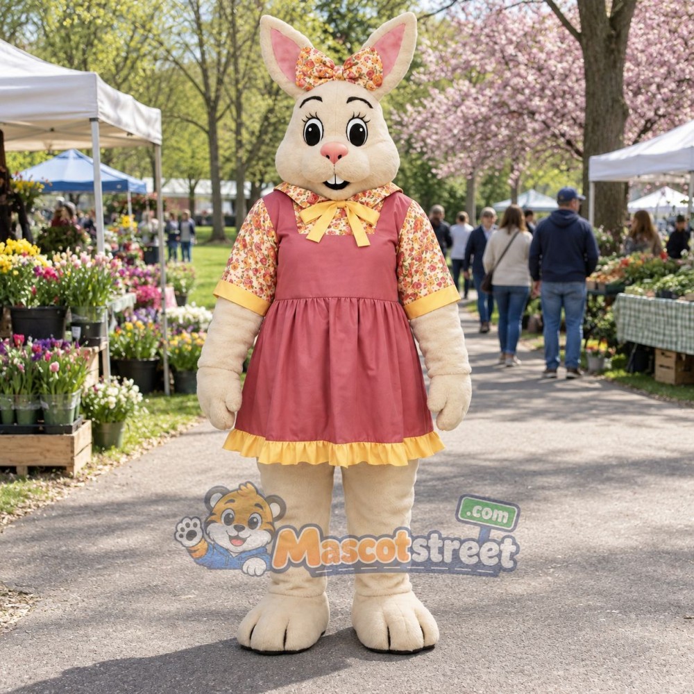 Tan Rabbit Mascot Costume with Pink Dress Tan Rabbit Mascot Costume with Pink Dress