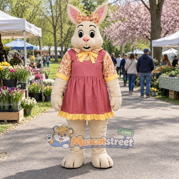 Tan Rabbit Mascot Costume with Pink Dress