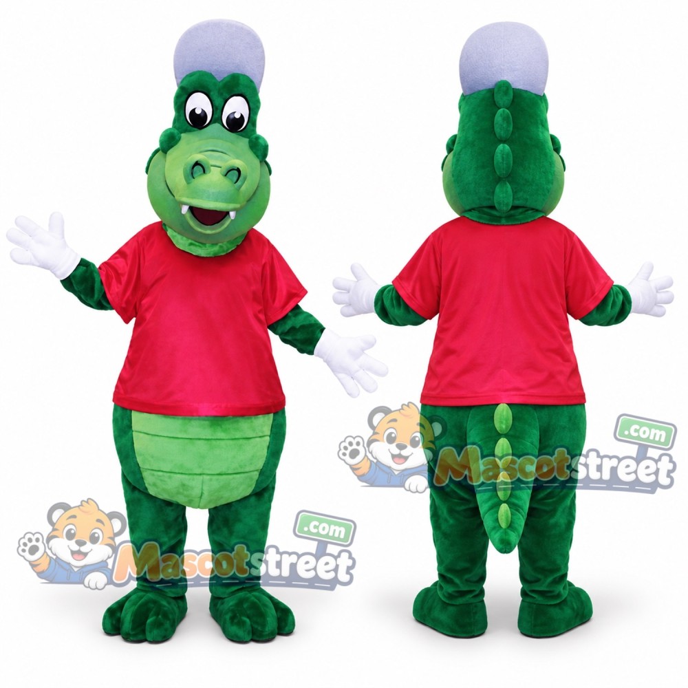 Green Crocodile Mascot Costume with Red Shirt and Purple Cap