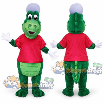 Green Crocodile Mascot Costume with Red Shirt and Purple Cap