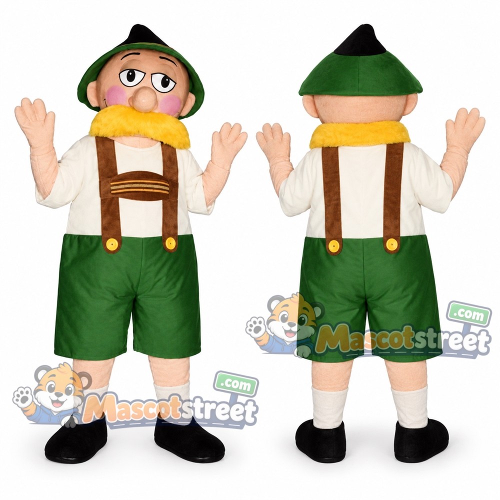Alpine Man Mascot Costume with Green Lederhosen and Hat Alpine Man Mascot Costume with Green Lederhosen and Hat