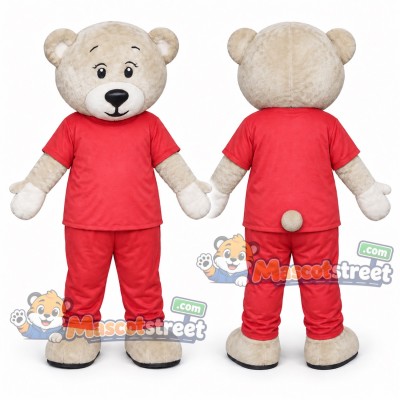 Tan Bear Mascot Costume with Red Shirt and Red Pants Tan Bear Mascot Costume with Red Shirt and Red Pants