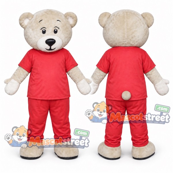 Tan Bear Mascot Costume with Red Shirt and Red Pants