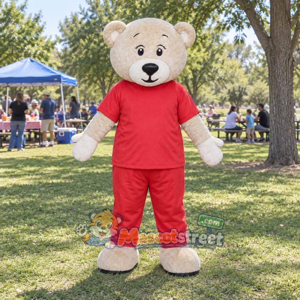 Tan Bear Mascot Costume with Red Shirt and Red Pants Tan Bear Mascot Costume with Red Shirt and Red Pants