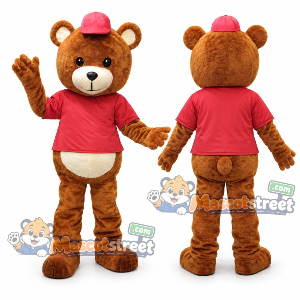 Brown Bear Mascot Costume with Red Shirt and Cap