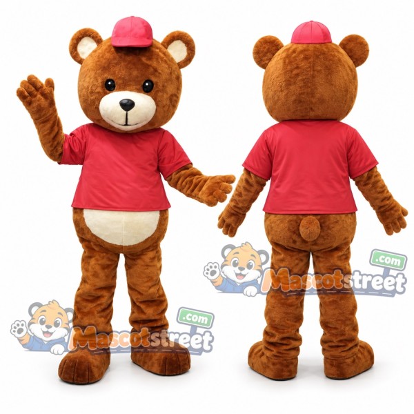 Brown Bear Mascot Costume with Red Shirt and Cap