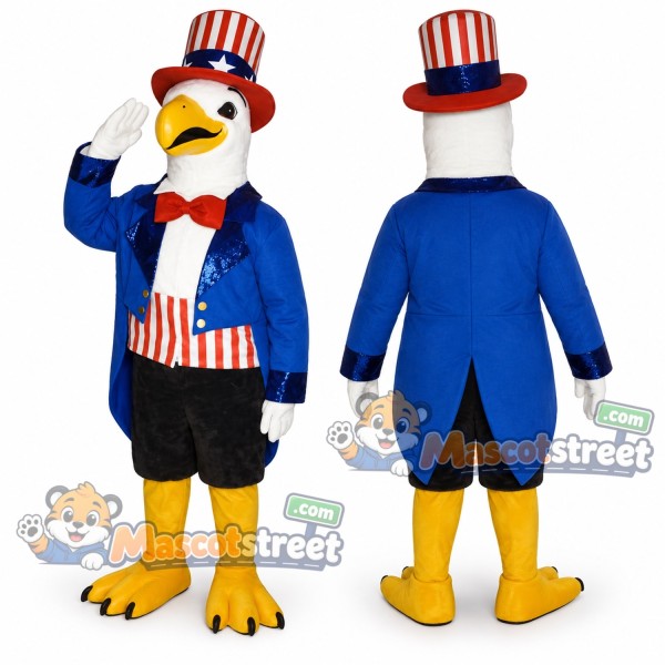 Bald Eagle Mascot Costume with Blue Tailcoat and Striped Top Hat