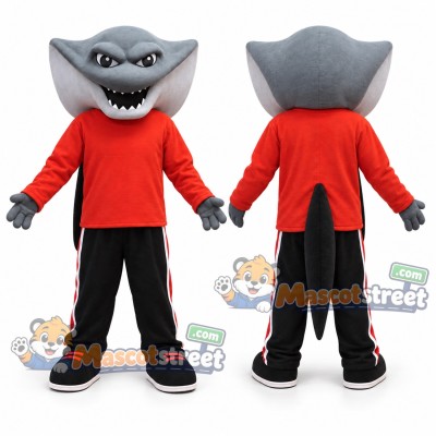 Gray Shark Mascot Costume with Red Shirt and Black Pants Gray Shark Mascot Costume with Red Shirt and Black Pants