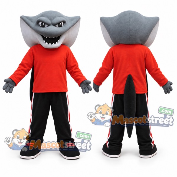 Gray Shark Mascot Costume with Red Shirt and Black Pants