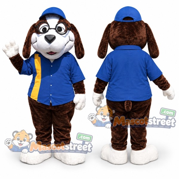 Brown and White Dog Mascot Costume with Blue Shirt and Cap