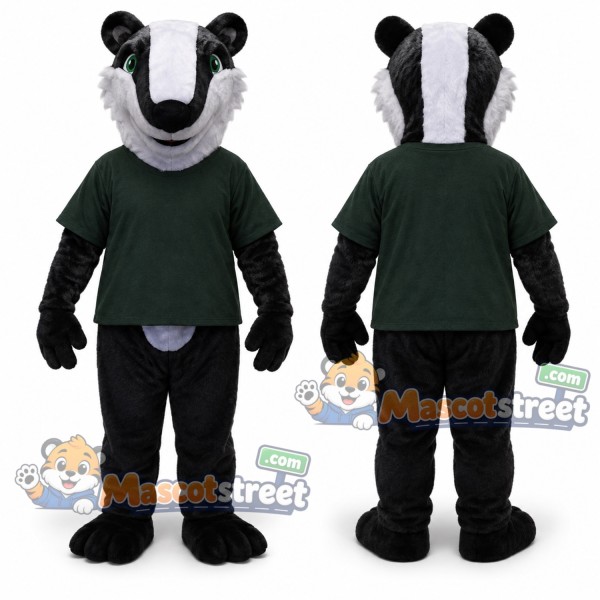 Badger Mascot Costume with Dark Green Shirt and Black Pants