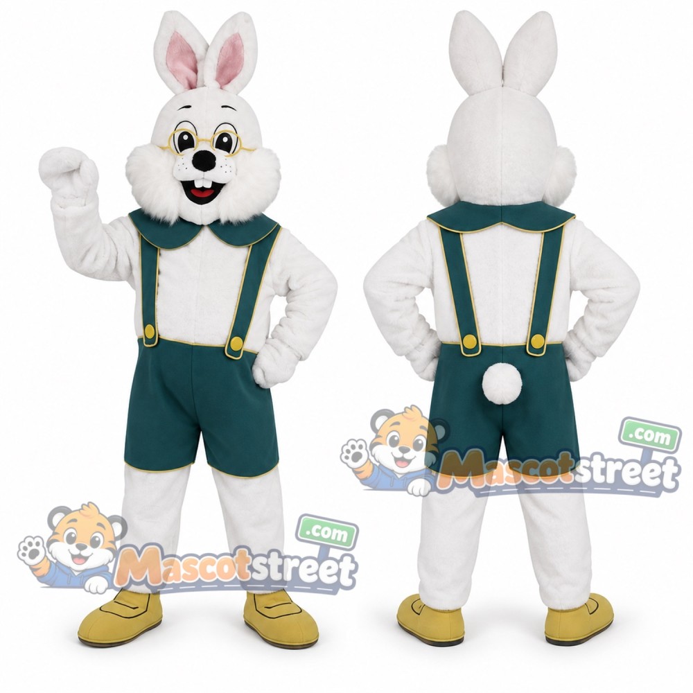 White Rabbit Mascot Costume with Green Lederhosen