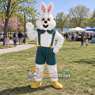 White Rabbit Mascot Costume with Green Lederhosen White Rabbit Mascot Costume with Green Lederhosen