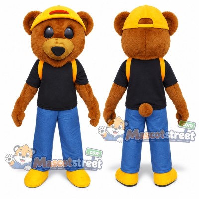 Brown Bear Mascot Costume with Black Shirt, Blue Pants and Yellow Cap