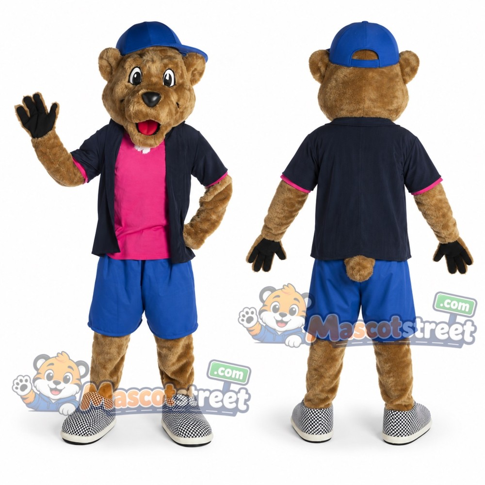 Brown Bear Mascot Costume with Pink Shirt, Black Jacket, Blue Shorts and Cap Brown Bear Mascot Costume with Pink Shirt, Black Jacket, Blue Shorts and Cap