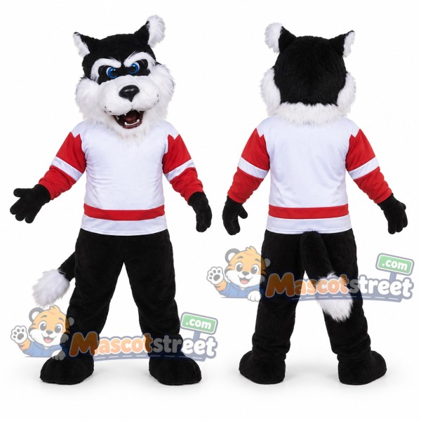 Black and White Wildcat Mascot Costume with White and Red Sports Shirt