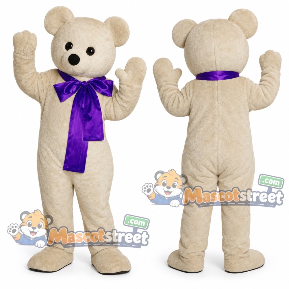 Tan Bear Mascot Costume with Purple Bow Tie and Scarf Tan Bear Mascot Costume with Purple Bow Tie and Scarf