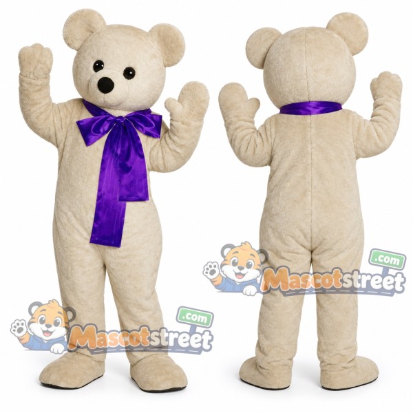 Tan Bear Mascot Costume with Purple Bow Tie and Scarf